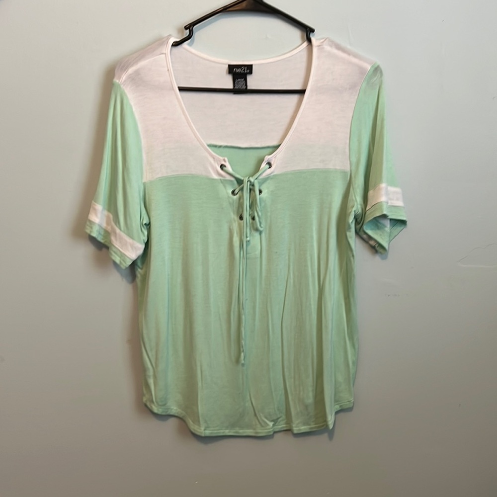 LG mint green and white shirt